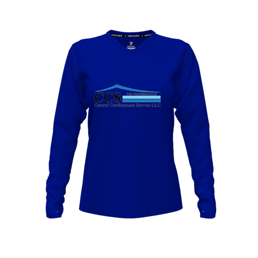 [CUS-DFW-TEES-CMF-VNK-LSL-RYL-FYXS-LOGO1] Decker Comfort T-Shirt (Female Youth XS, Royal, V Neck, Logo 1, Long Sleeve)